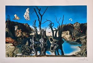 Swans Reflecting Elephants (Surrealism, Modern, Vibrant, Dreamy)