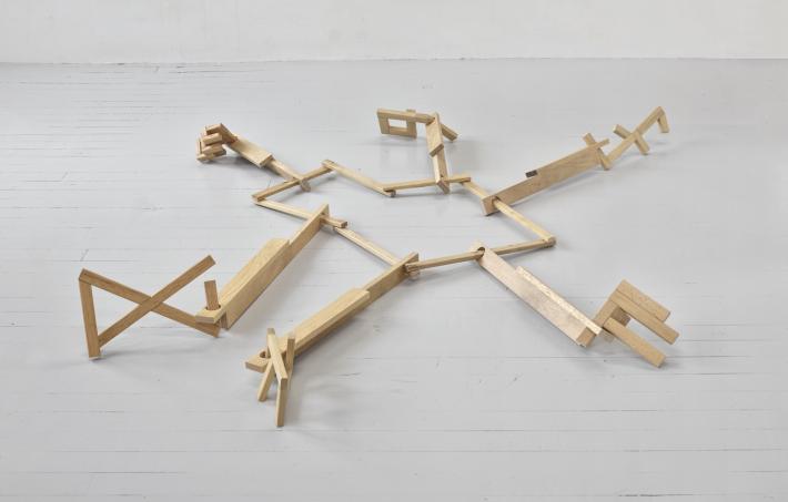 Taylor Davis, Untitled (Floor Work 3), 2022, Milled sugar maple, elm, and oak, 9 X 67 X 83 in.