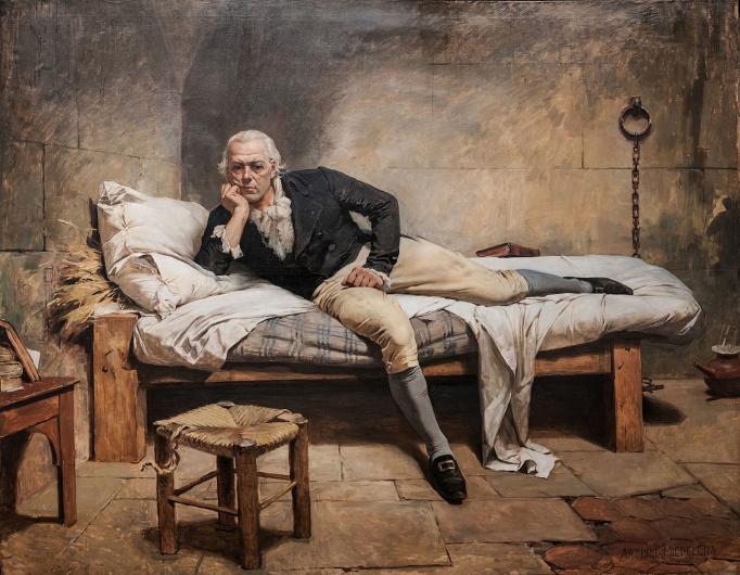 Arturo Michelena, Miranda en La Carraca, 1896. Oil on Canvas. National Art Gallery. Portrait of a man in a very old masters yet illustrative style. He's reclining on a shabby bed, looking at the viewer.
