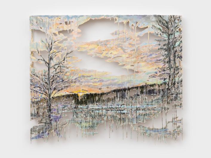 Diana Al-Hadid, It's Been Almost a Year, 2024-2025. Polymer gypsum, fiberglass, steel, plaster, metal leaf and pigment, 57.99" x 64.02" (147.3 cm x 162.6 cm).