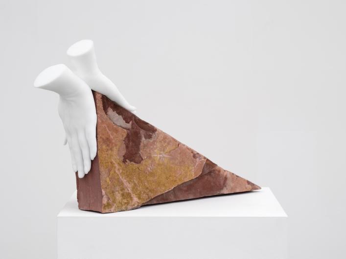 Kelly Akashi, Wedged Life Forms (Opaline), 2024. Lost-wax cast crystal, pipestone. 24.02" x 16.5" x 7.48" (61 cm x 41.9 cm x 19 cm) © Kelly Akashi. Courtesy Lisson, Multiple Cities