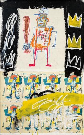 image of figure with bat, crowns are on the side and repeated more abstract figures line the bottom
