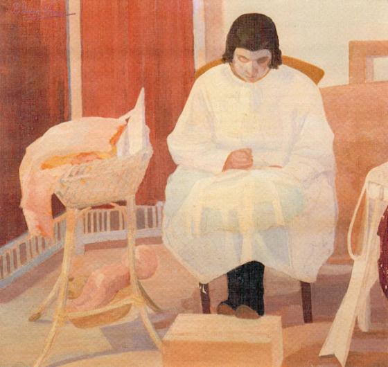 Petrona Viera, La Costura, date unknown. Oil on Canvas. Museo Juan Zorrilla de San Martin, Uruguay. woman sitting next to crib rendered with flat planes in neutral, red-leaning tones.