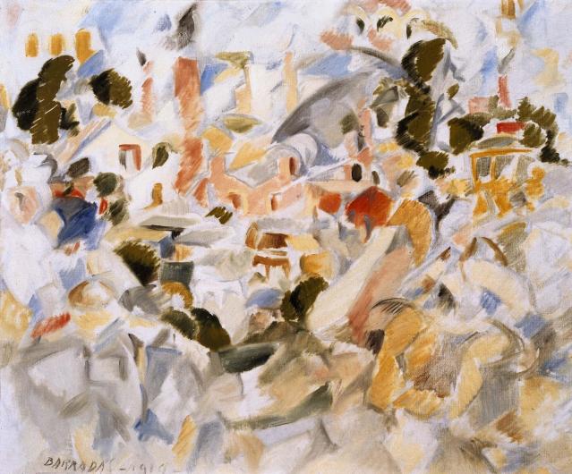 Rafael Barradas, Atocha, 1919. Oil on Canvas. Museo Nacional Centro de Arte Reina Sofía, Madrid. light blue and flesh-toned brushstrokes make up chaotic, almost cloudy structural image